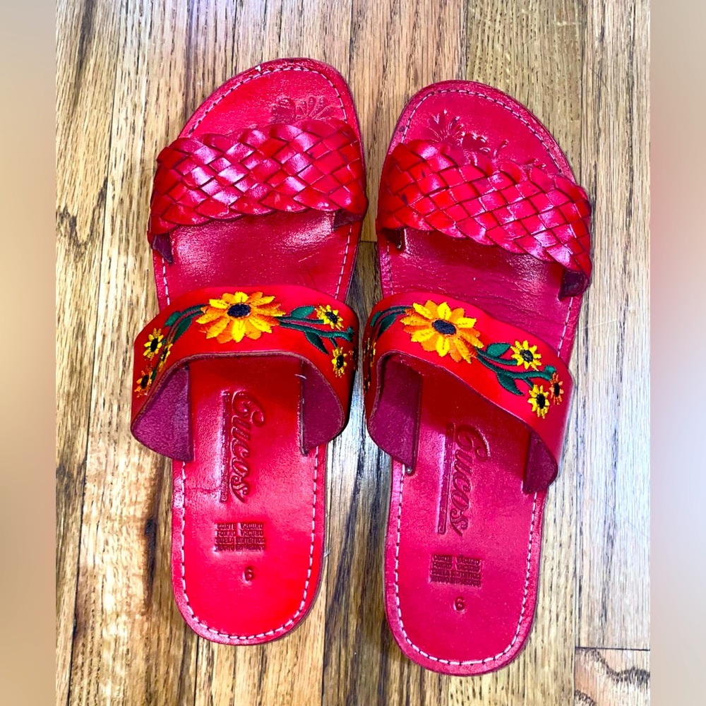 Cucos Calzado Handmade In Mexico Leather Sunflowers Flat Women's US Sz 8 Mex 6